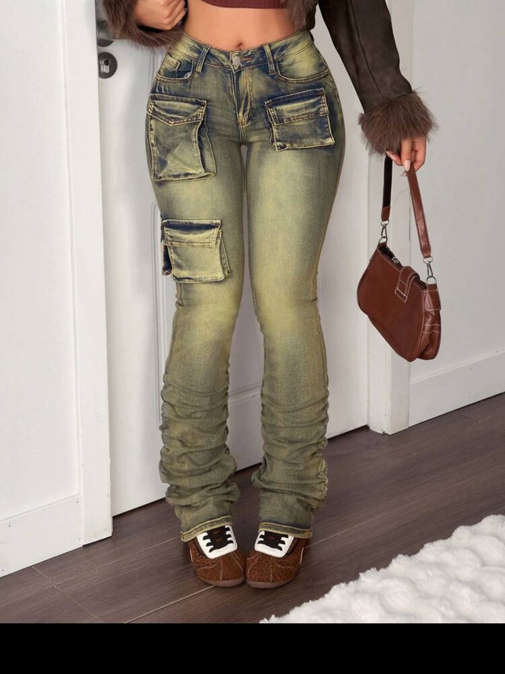 Washed Olive Cargo Pocket Women’s Jeans